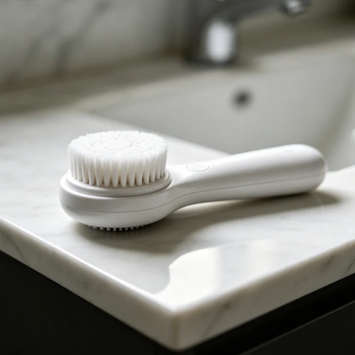 a white sonic facial brush on a bathroom counter
