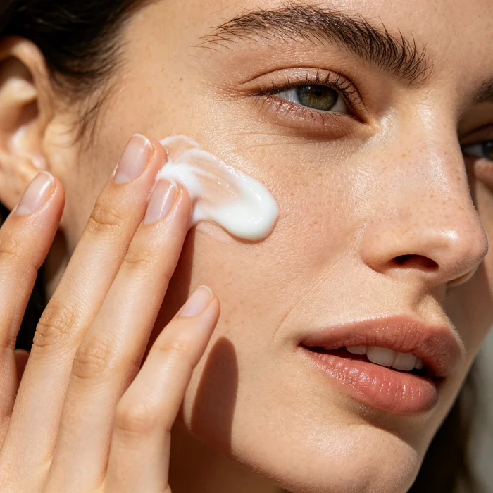 a person gently applying cleanser to their face with fingertips