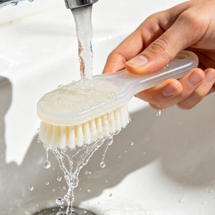 a person holding a silicone brush under running water