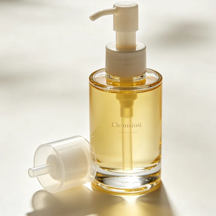a bottle of cleansing oil next to a pump of cleanser