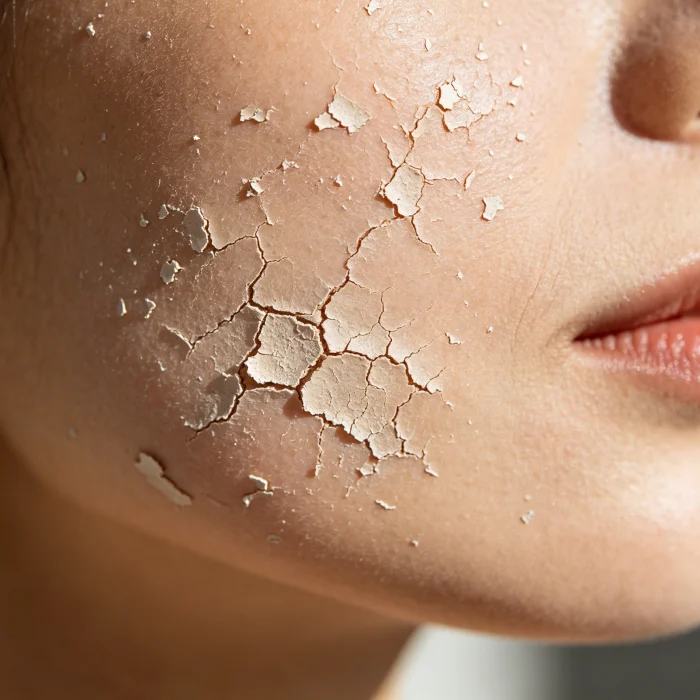 a close-up of dry, flaky skin on a cheek