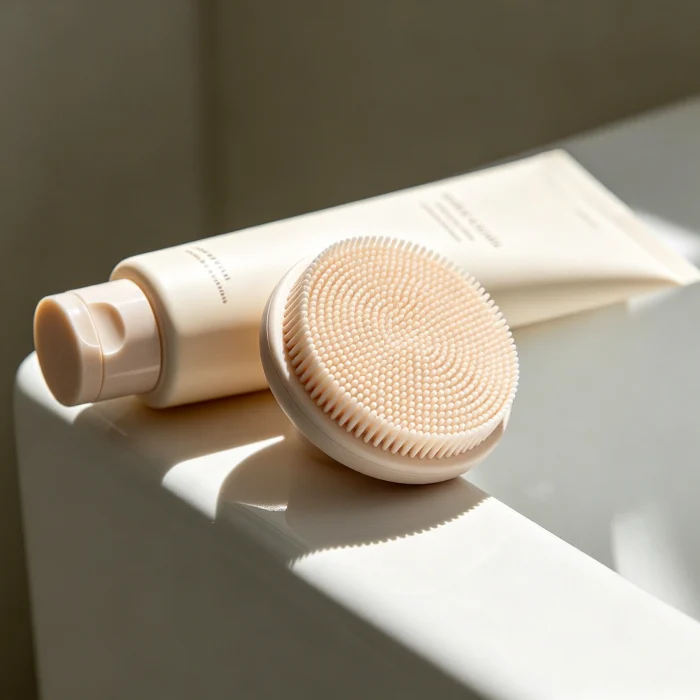 a silicone facial brush resting on a sink with a tube of cleanser