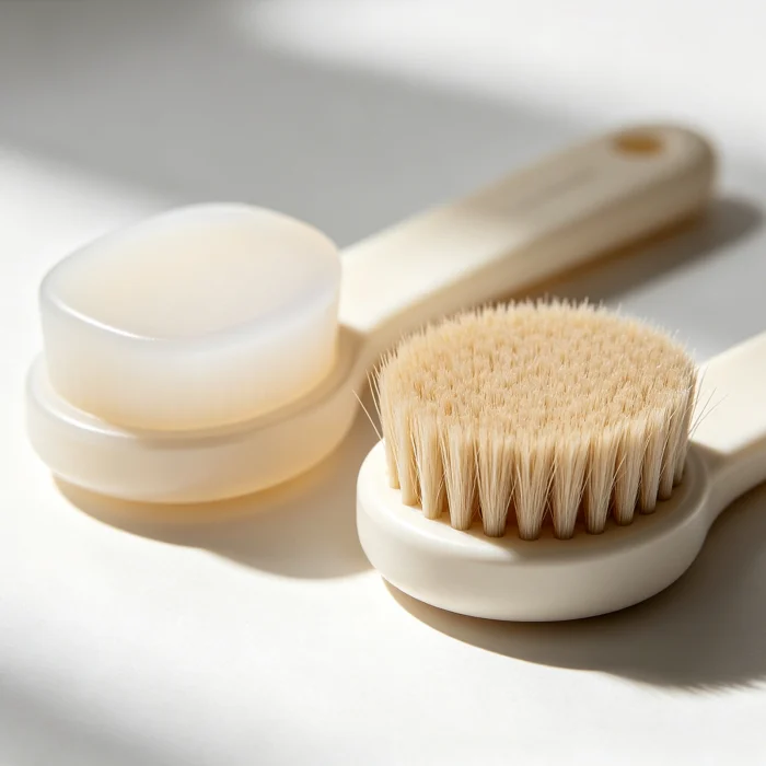 two different facial brush heads side by side, one soft silicone and one bristle