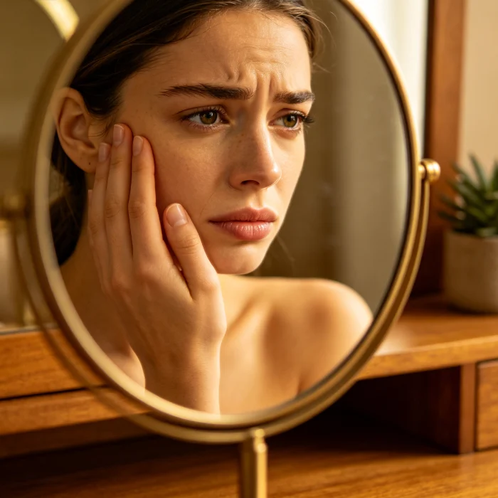 a person touching their cheek with a concerned expression in front of a mirror