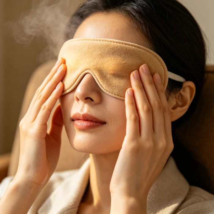 a person with dry eyes using a warm compress near the eyes