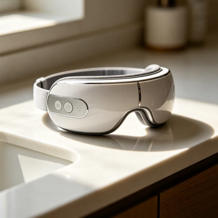 a modern electric eye massager with heat function on a bathroom counter
