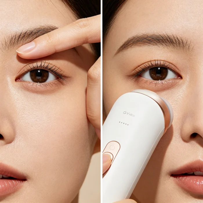 a side-by-side comparison of manual finger massage and an electric eye massager