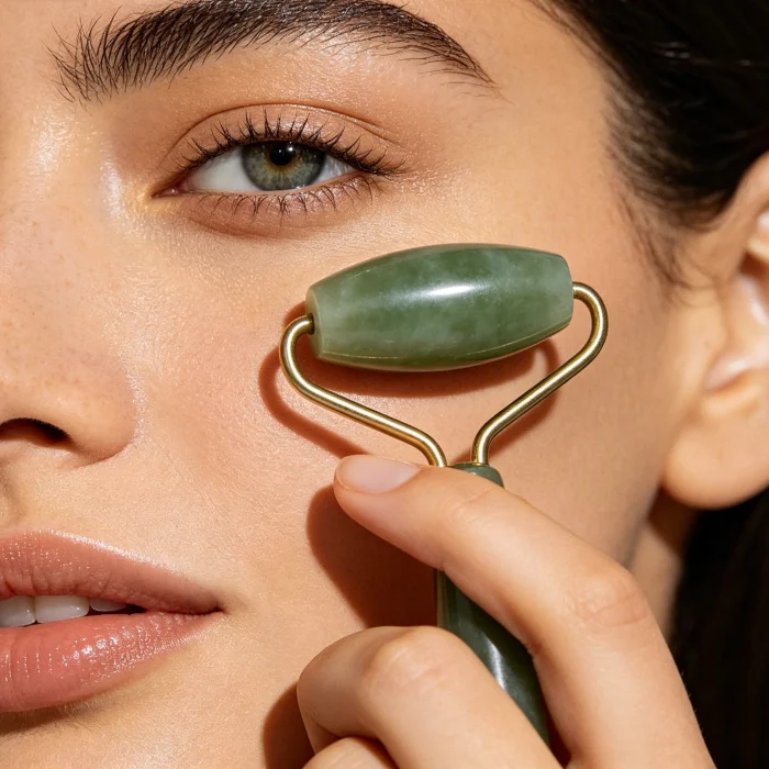 a person using a jade roller on their under-eye area