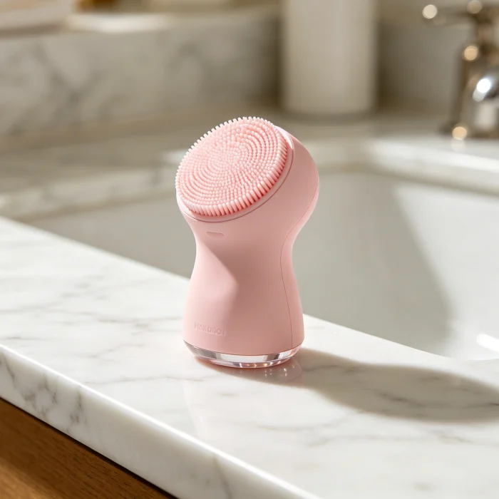 a pink silicone facial cleansing brush on a bathroom counter