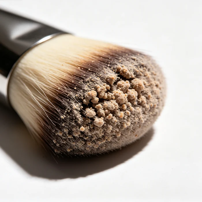 close-up of bristles on a nylon face brush showing trapped residue