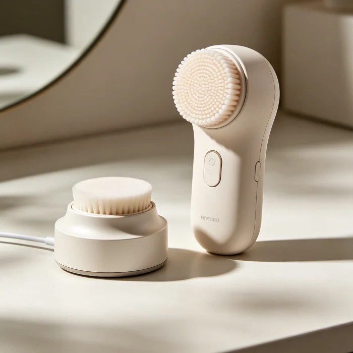 a silicone face brush next to its charging dock on a minimalist vanity