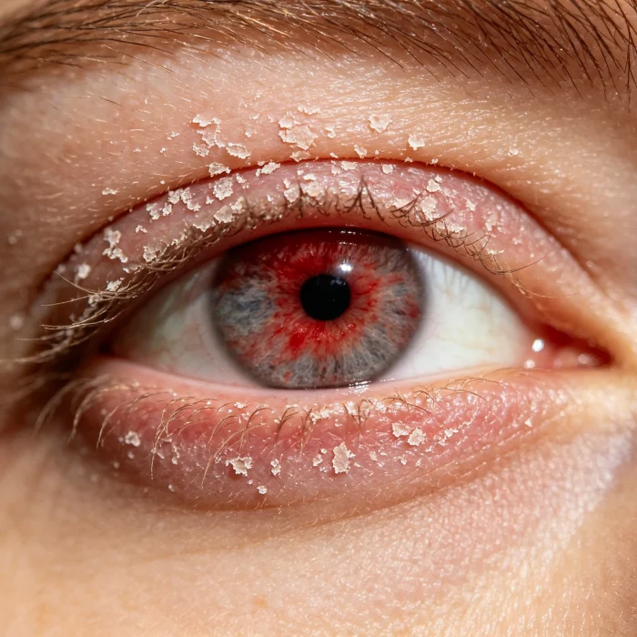 a close-up of an eye with visible dryness and redness