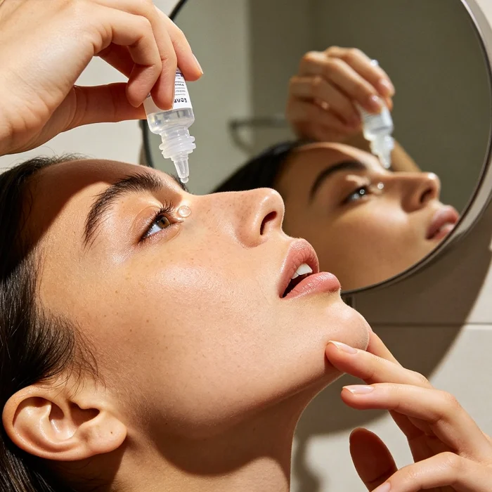 a person applying eye drops while looking in a mirror