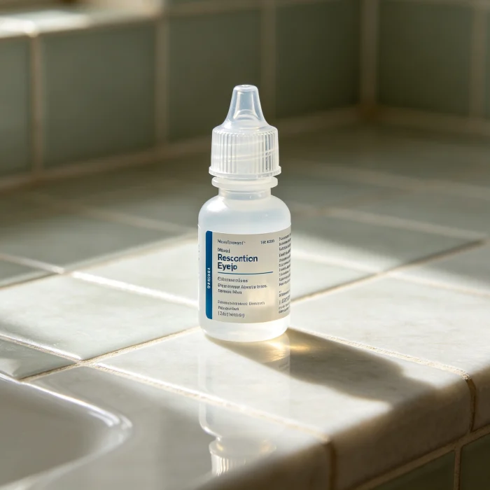 a bottle of prescription eye drops on a bathroom counter