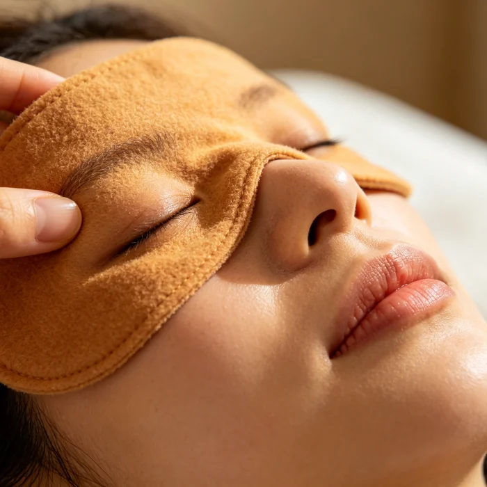 a close-up of a warm compress being placed over closed eyes