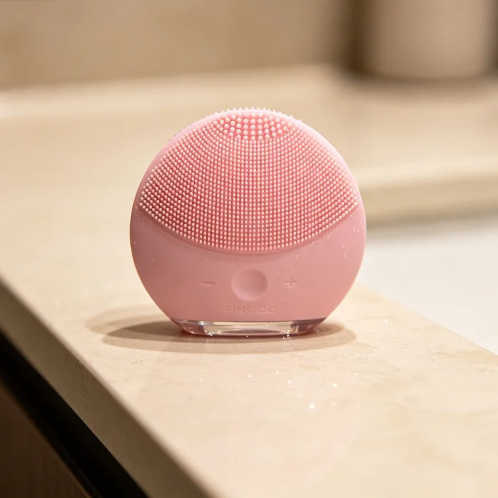 a pink silicone face scrubber with small bristles on a bathroom counter
