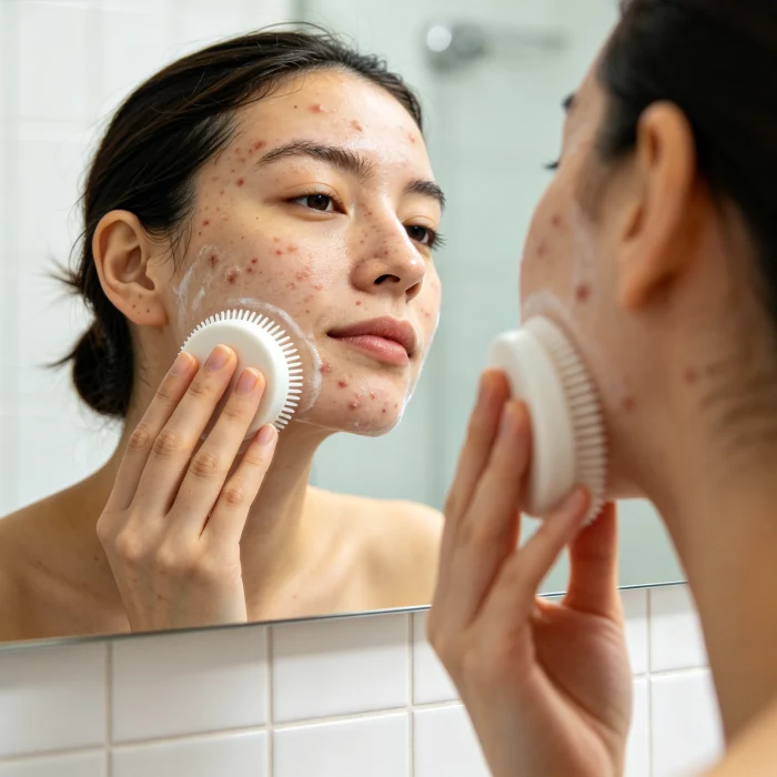 a person gently using a silicone face scrubber on acne-prone skin in a mirror