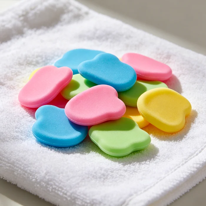 a pile of colorful silicone face scrubbers on a white towel