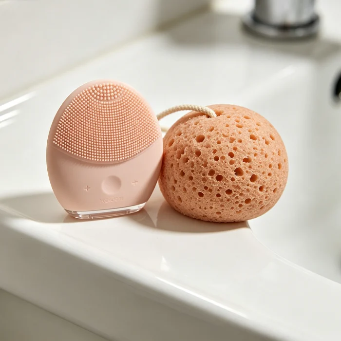 a silicone face scrubber next to a konjac sponge on a bathroom shelf