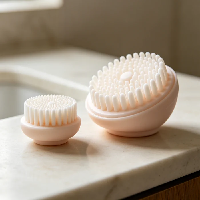 a close-up of a silicone face scrubber with two size options on a counter