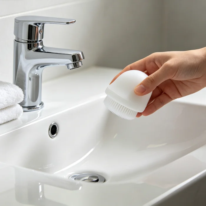 a person holding a white silicone facial cleansing brush near a bathroom sink