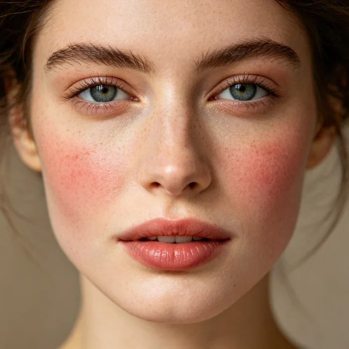 a close-up of a woman's face with mild redness on cheeks