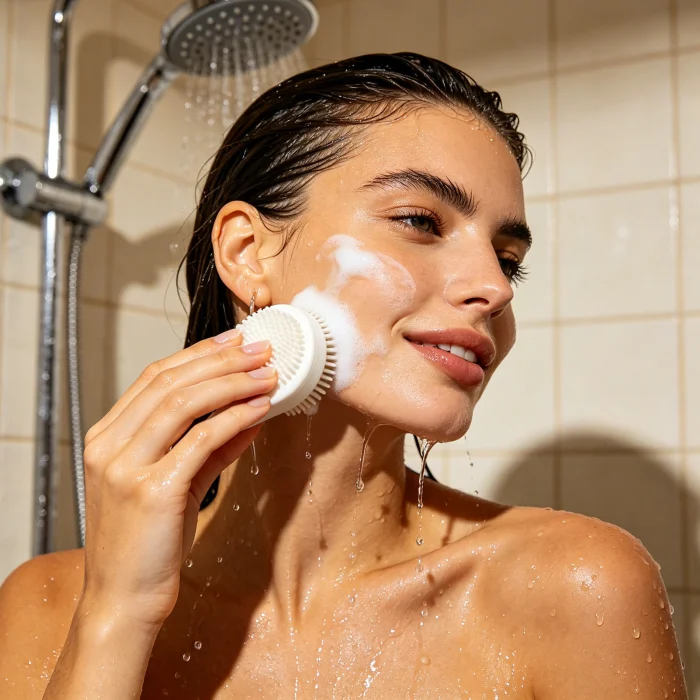 a woman applying facial cleanser to a silicone brush in the shower