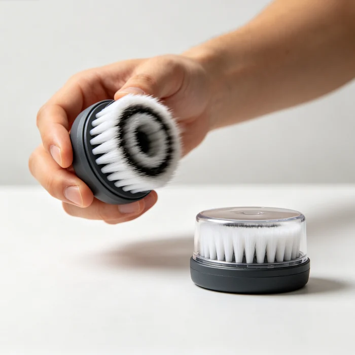 a person's hand holding a spinning bristle brush head next to a replacement head package