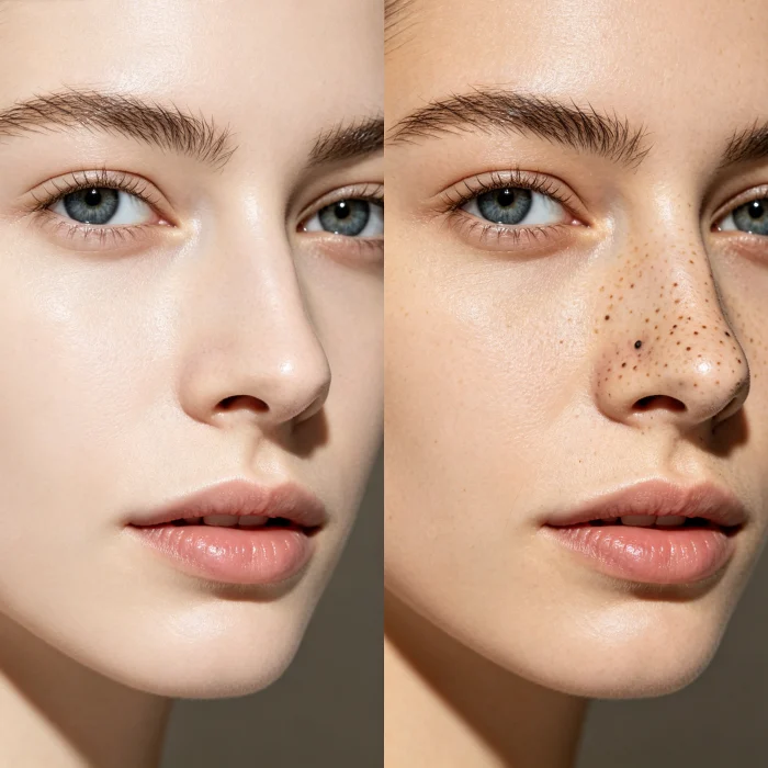 a side-by-side comparison of a clean face and a face with visible blackheads on the nose