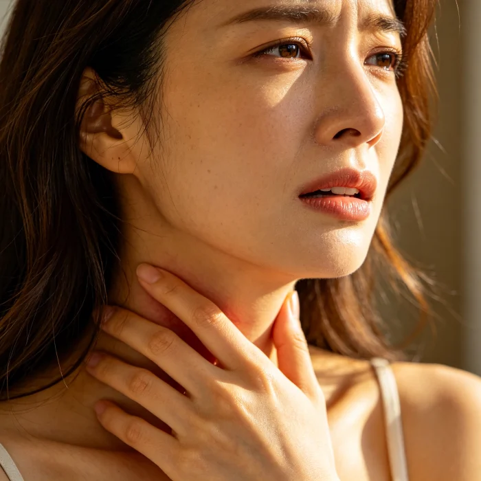 a woman touching her neck near carotid artery with concern