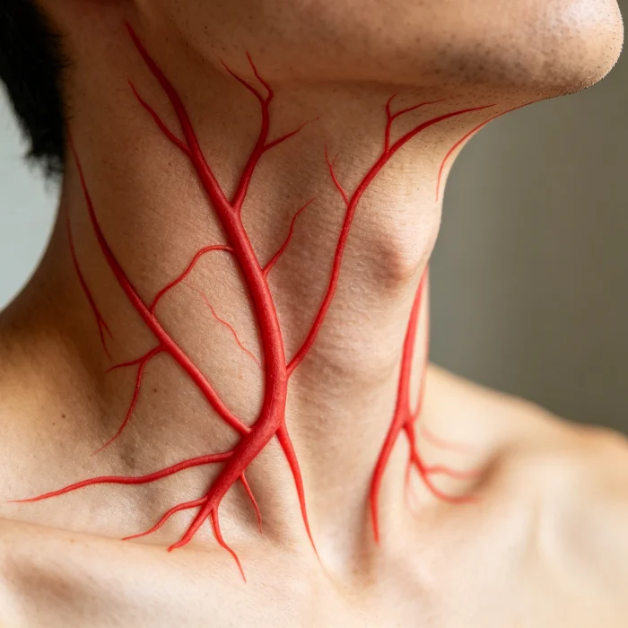 a close-up of a neck with red lines indicating carotid arteries