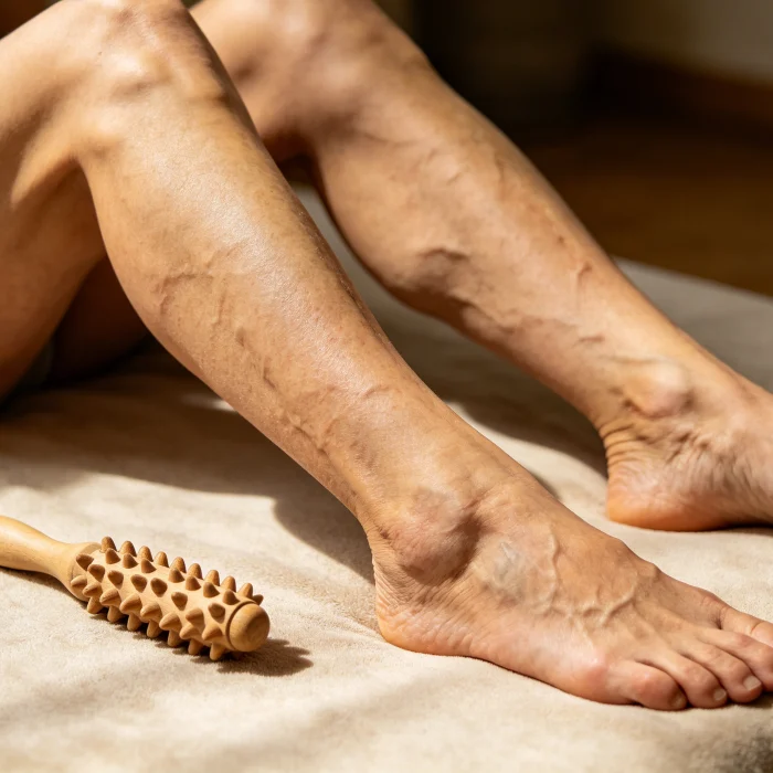 legs with visible varicose veins and a massage tool nearby avoided