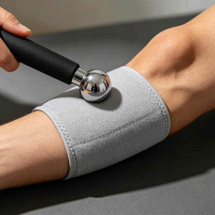an arm with a cast and massage tool placed on nearby muscle area