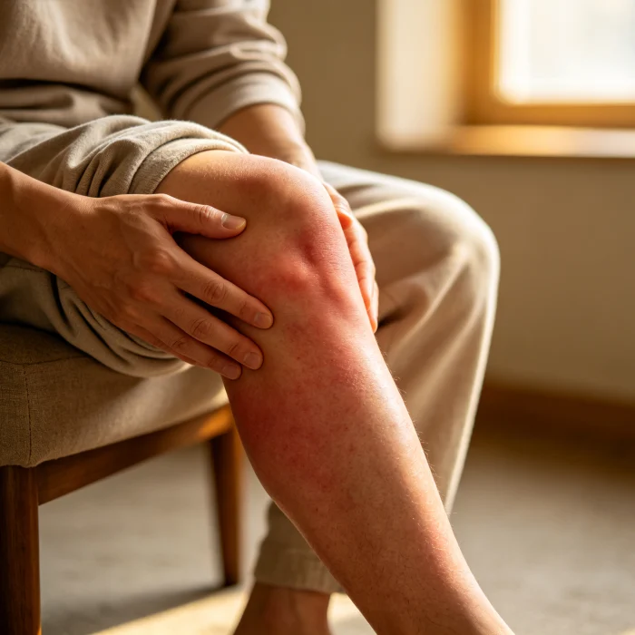 a person holding a leg with swollen calf, avoiding massage