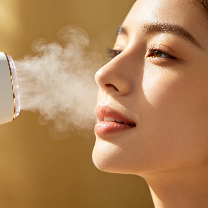 a facial steamer emitting steam near a face