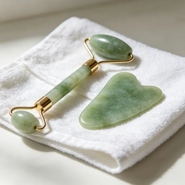 a jade roller and gua sha tool on a white towel