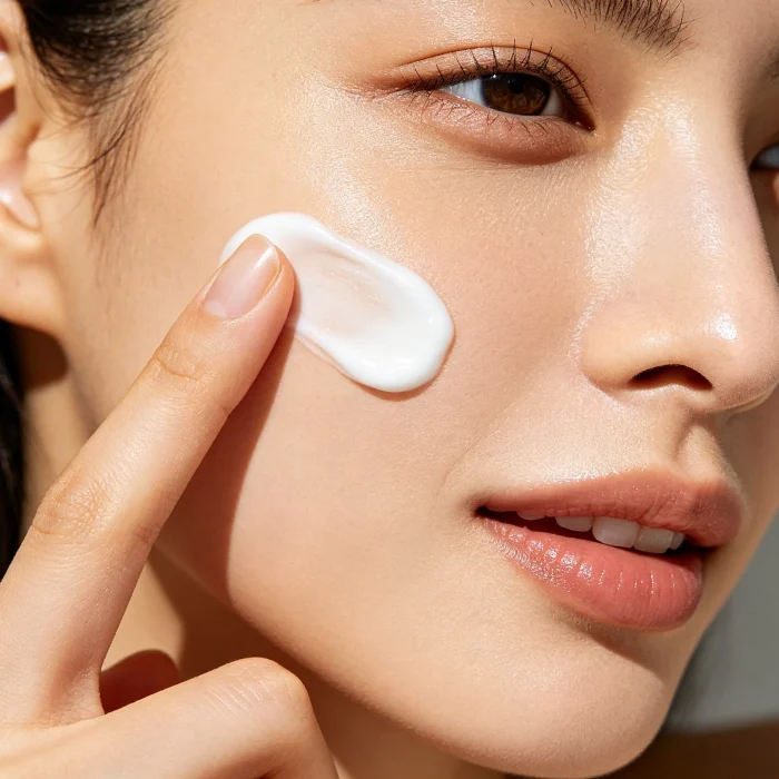 a person applying moisturizer with SPF on their face