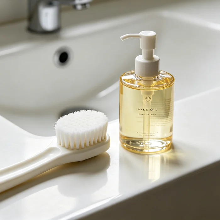 a white bathroom sink with a cleansing brush and a bottle of oil cleanser