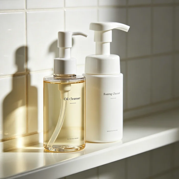 two bottles of cleanser one oil one foaming on a bathroom shelf
