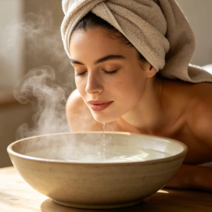 a woman leaning over a bowl of steaming water with a towel over her head