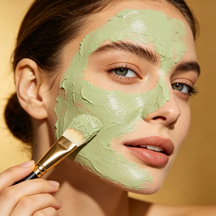 a woman applying a green clay mask on her face with a brush