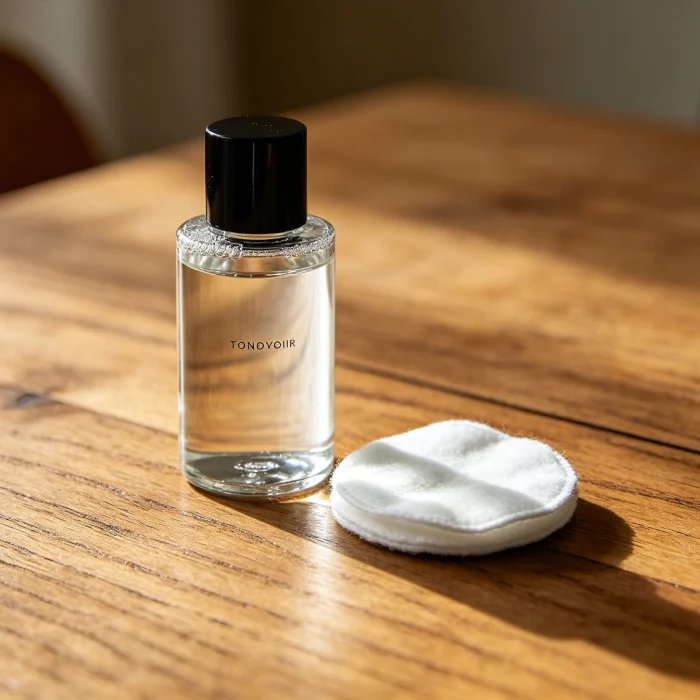 a bottle of toner and a white cotton round on a wooden table