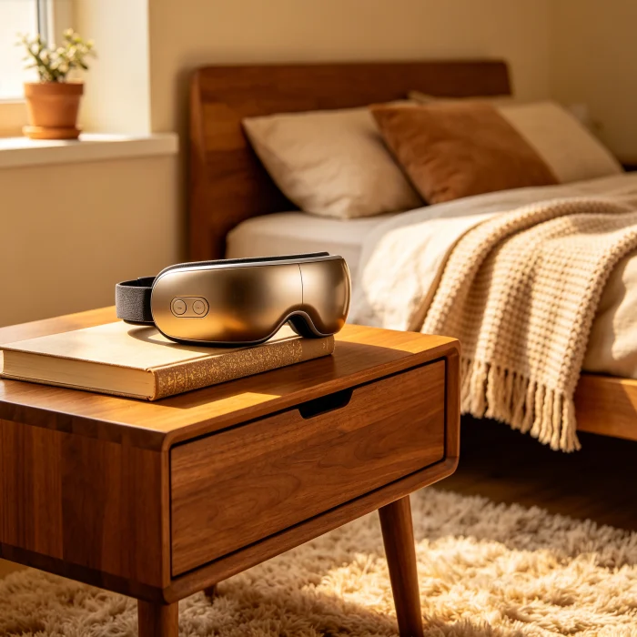 a cozy bedroom with an electric eye massager on a nightstand next to a book
