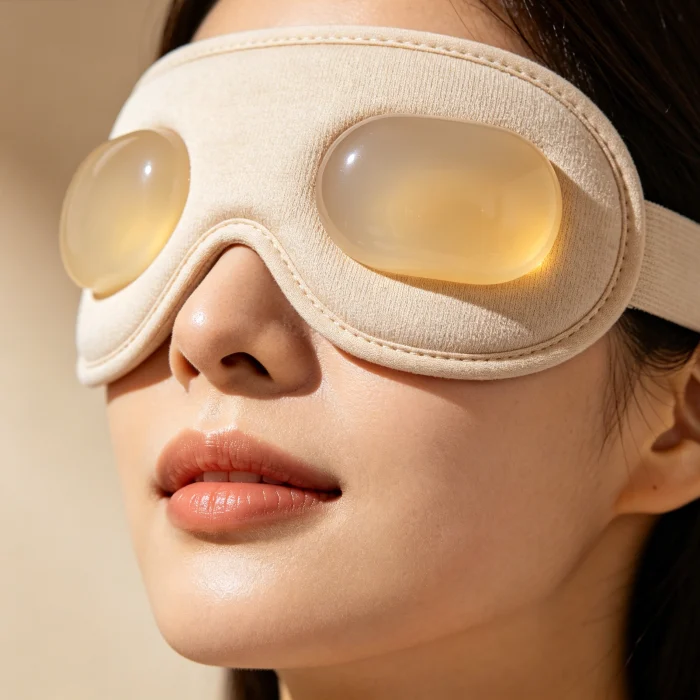 a heated eye mask with contoured gel beads on a person's face