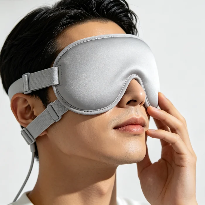 a person holding a full-face heated sinus mask with adjustable straps