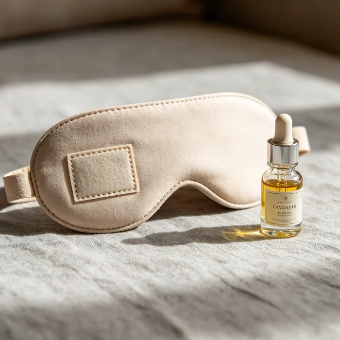 an eye mask with a small aromatherapy pocket and lavender oil bottle