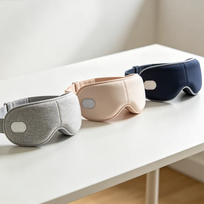 a side-by-side comparison of three different heated eye mask models on a table
