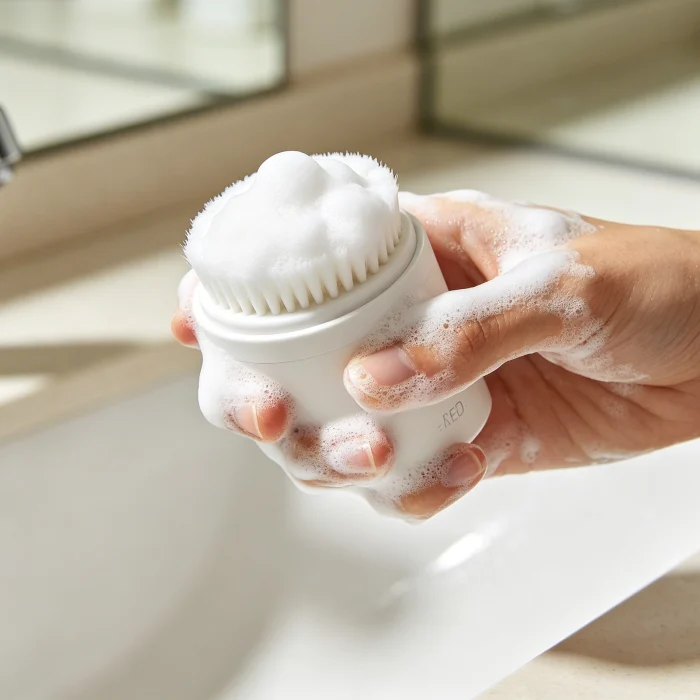a person holding a facial cleansing brush with foam