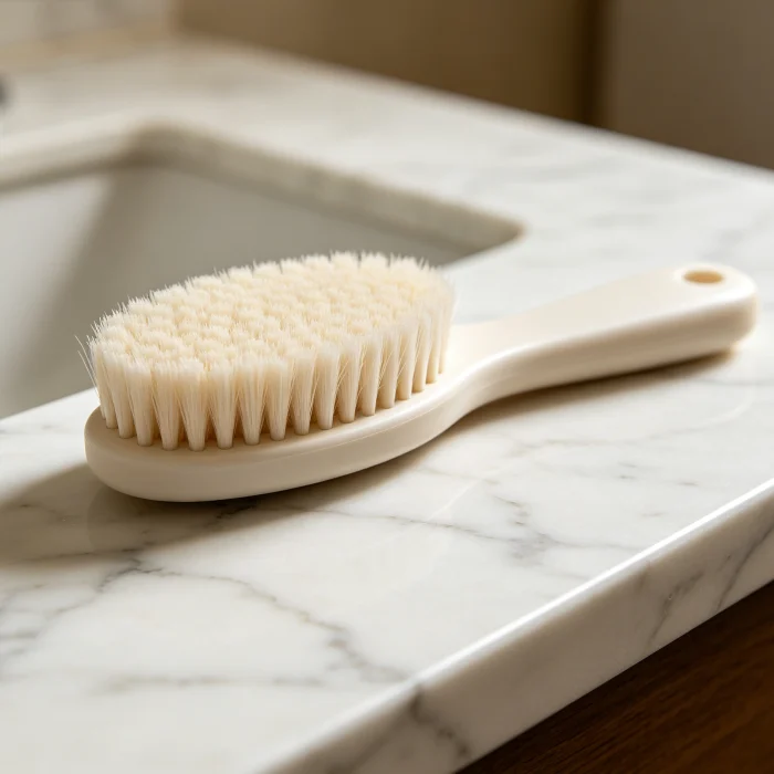 a manual face brush with nylon bristles on a bathroom counter