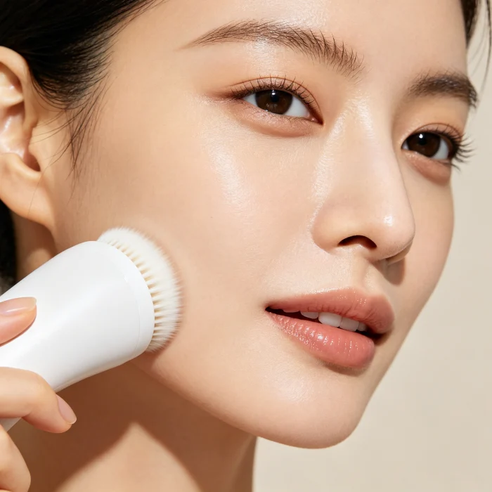 a woman using an electric sonic brush on her face